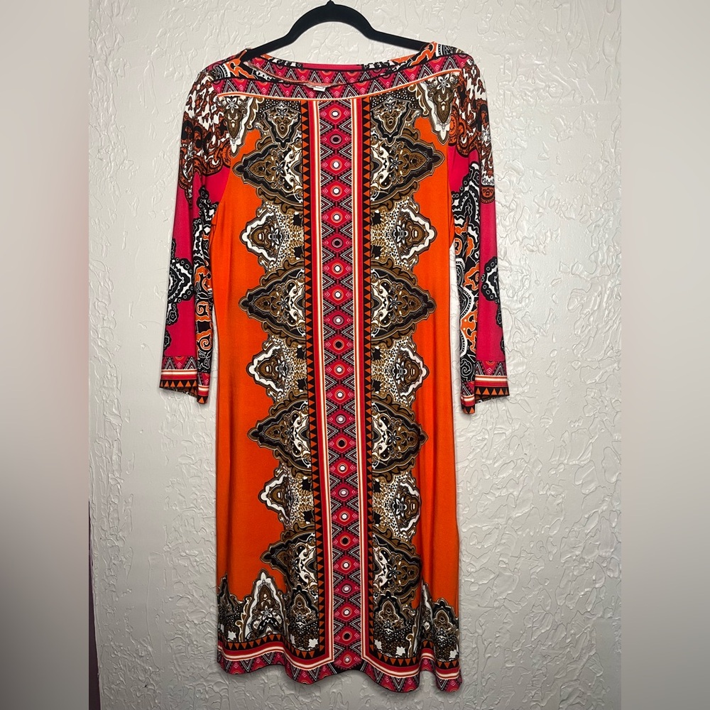 ECI Vibrant Orange and Pink Long Sleeve Dress